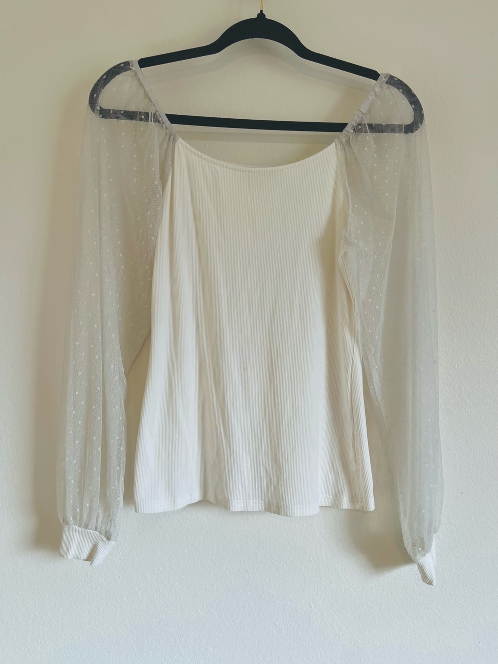 Dorose Sheer Dot Sleeve White Women's Top